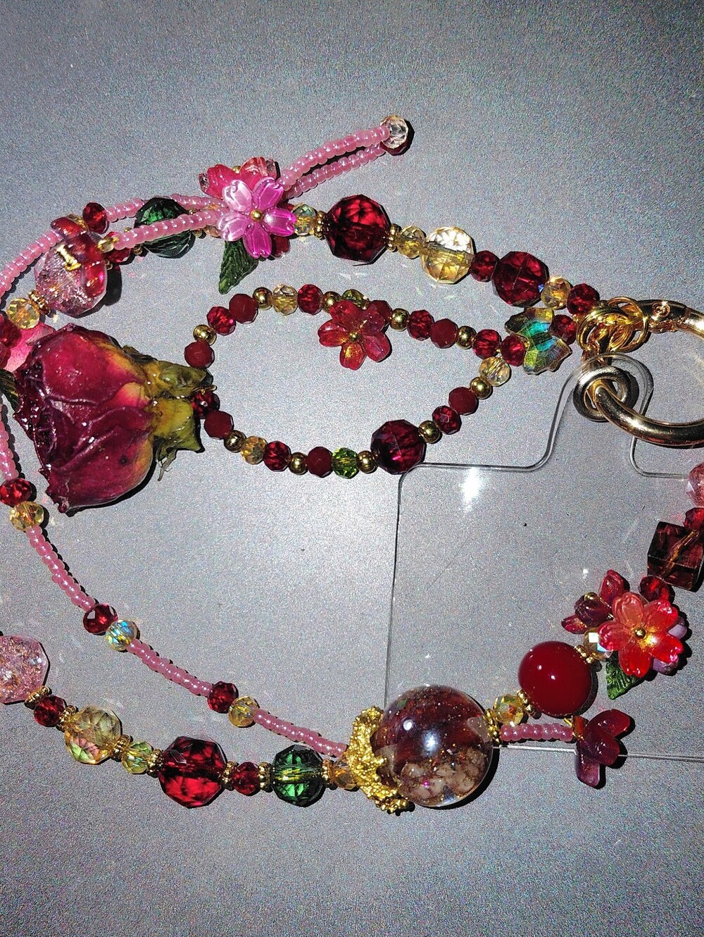 Purse Charm / Keychain Red and Pink Floral with Red Rose - Picture 3 of 5